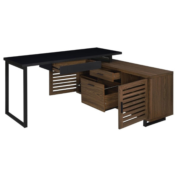 English Elm Rodger Two-Tone L-Shaped Executive Desk with Walnut Credenza and Metal Legs B2777P535910