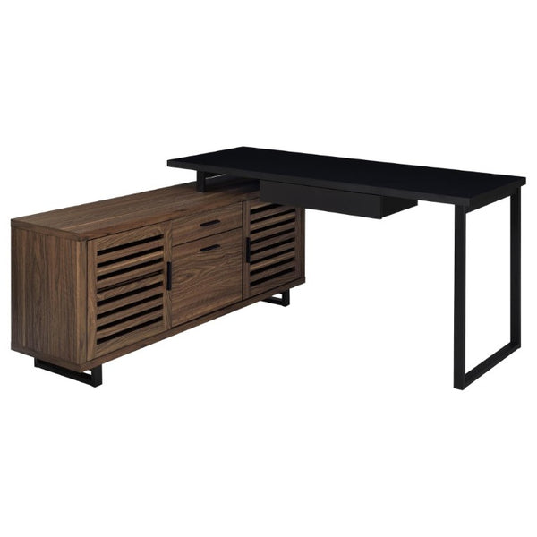 English Elm Rodger Two-Tone L-Shaped Executive Desk with Walnut Credenza and Metal Legs B2777P535910