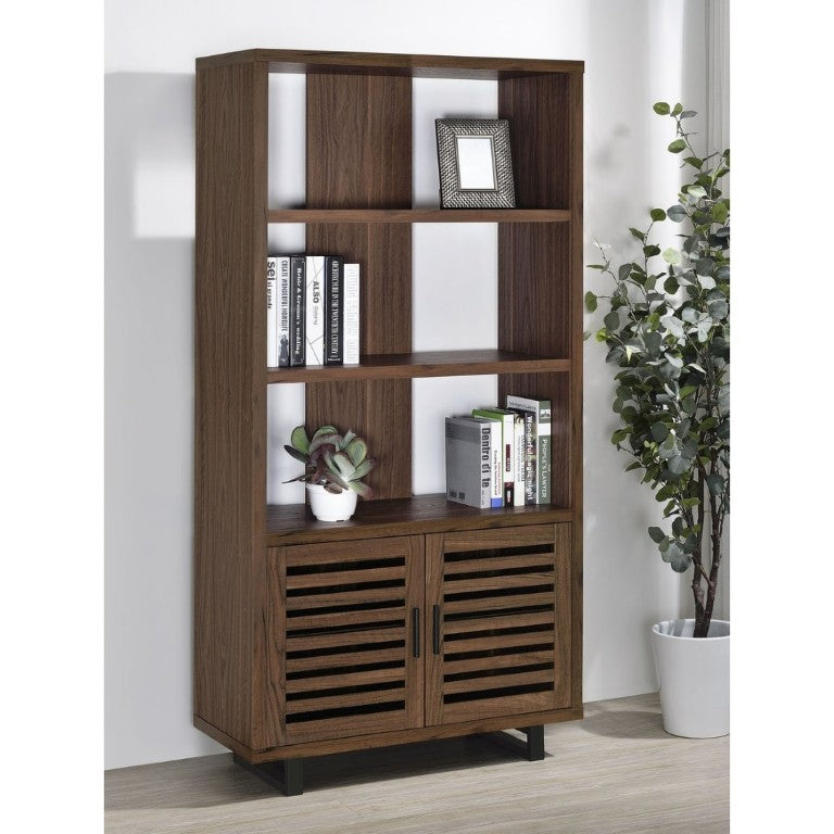 English Elm Rodger Walnut Finish Bookcase with Slatted Cabinet Doors and Open Display Shelves B2777P535911