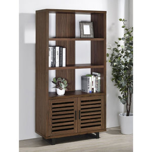 English Elm Rodger Walnut Finish Bookcase with Slatted Cabinet Doors and Open Display Shelves B2777P535911