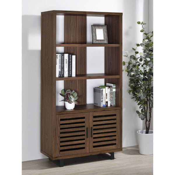 English Elm Rodger Walnut Finish Bookcase with Slatted Cabinet Doors and Open Display Shelves B2777P535911