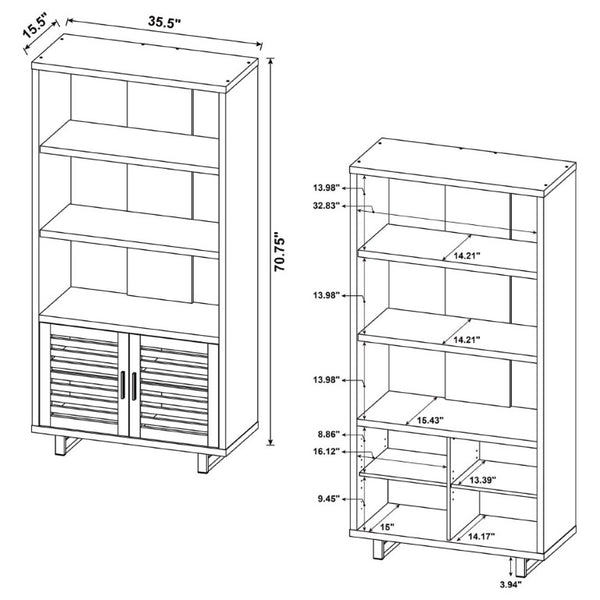 English Elm Rodger Walnut Finish Bookcase with Slatted Cabinet Doors and Open Display Shelves B2777P535911