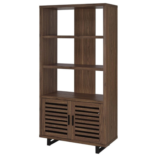 English Elm Rodger Walnut Finish Bookcase with Slatted Cabinet Doors and Open Display Shelves B2777P535911