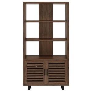 English Elm Rodger Walnut Finish Bookcase with Slatted Cabinet Doors and Open Display Shelves B2777P535911