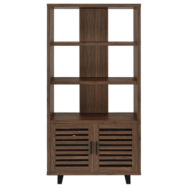 English Elm Rodger Walnut Finish Bookcase with Slatted Cabinet Doors and Open Display Shelves B2777P535911