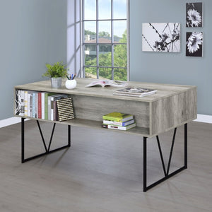 English Elm Sonoma Four Drawer Writing Desk with Metal Legs and Weathered Industrial Rustic Finish Driftwood B2777P535912
