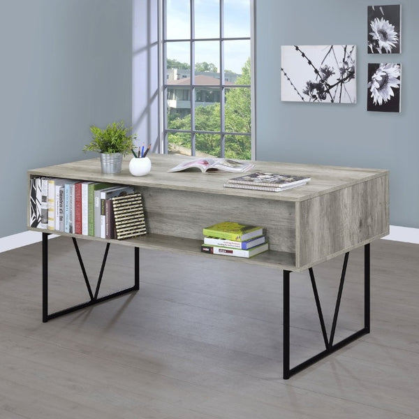 English Elm Sonoma Four Drawer Writing Desk with Metal Legs and Weathered Industrial Rustic Finish Driftwood B2777P535912