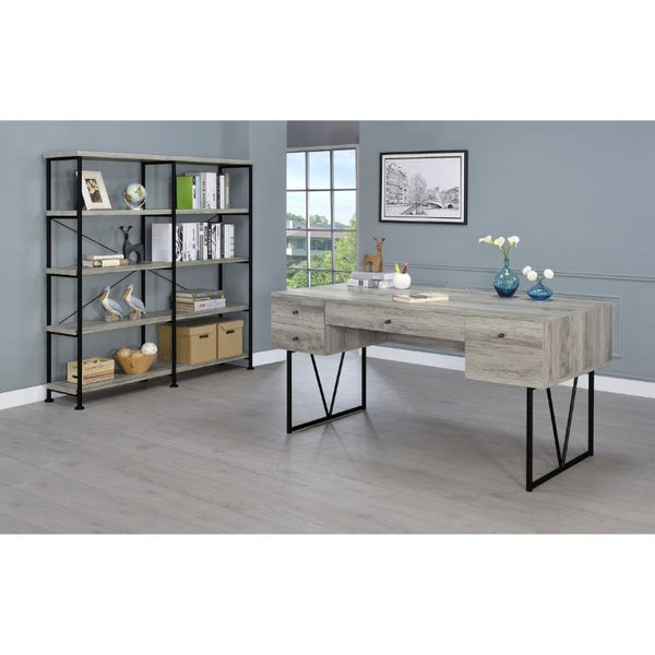 English Elm Sonoma Four Drawer Writing Desk with Metal Legs and Weathered Industrial Rustic Finish Driftwood B2777P535912