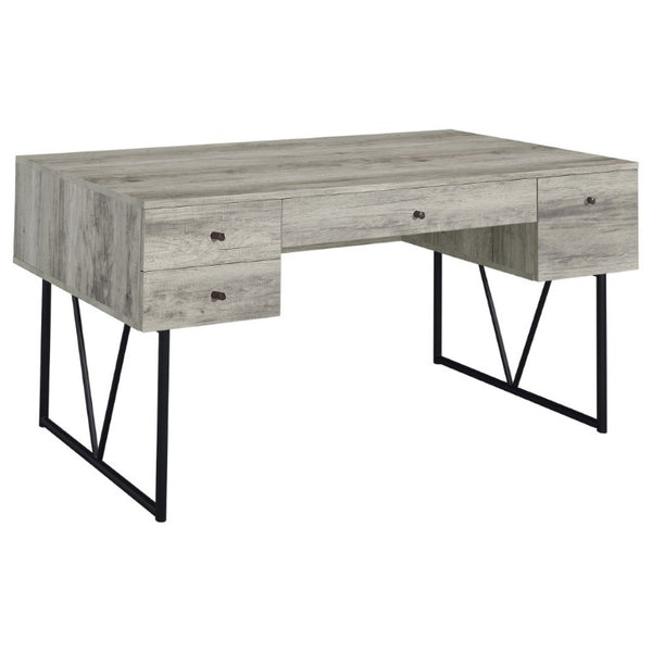 English Elm Sonoma Four Drawer Writing Desk with Metal Legs and Weathered Industrial Rustic Finish Driftwood B2777P535912