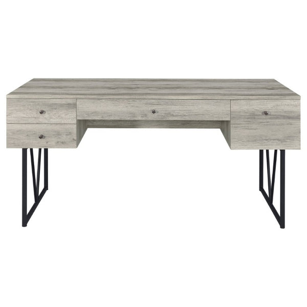 English Elm Sonoma Four Drawer Writing Desk with Metal Legs and Weathered Industrial Rustic Finish Driftwood B2777P535912
