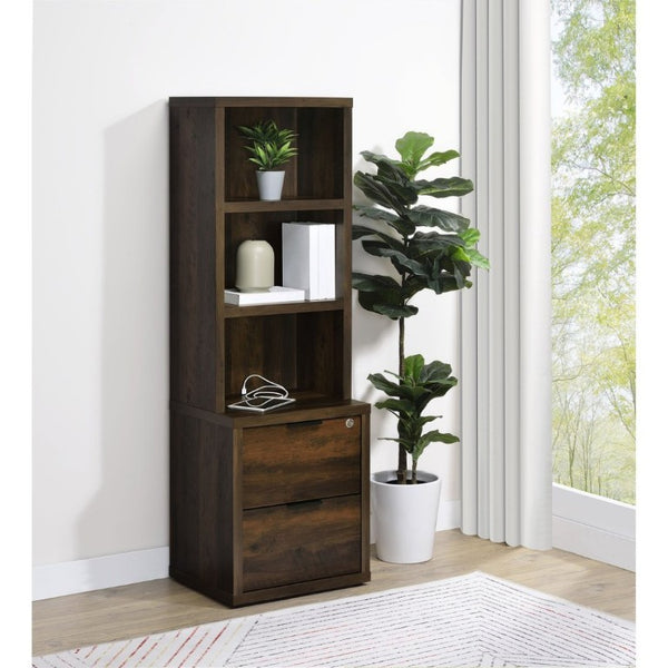 English Elm Geary Dark Pine Tall Bookcase with Locking Drawer and Dual USB Charging Ports B2777P535913