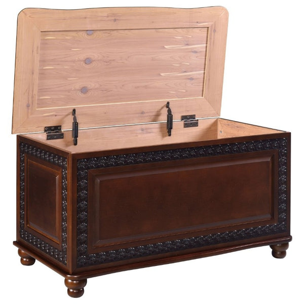 English Elm Deep Tobacco Cedar Lined Hardwood Chest Ornate Carved Storage for Bedroom Linens B2777P535915