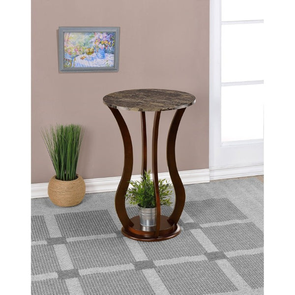 English Elm Brown Sculptural Pedestal Accent Table with Faux Marble Top for Living Spaces B2777P535925