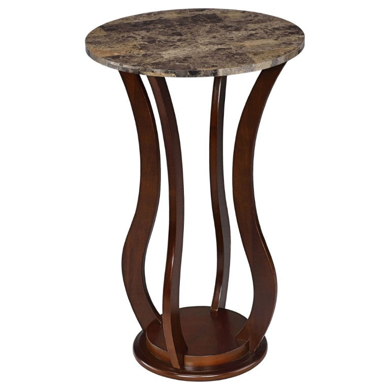 English Elm Brown Sculptural Pedestal Accent Table with Faux Marble Top for Living Spaces B2777P535925