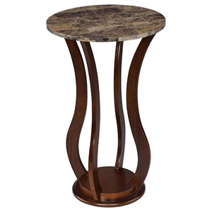 English Elm Brown Sculptural Pedestal Accent Table with Faux Marble Top for Living Spaces B2777P535925