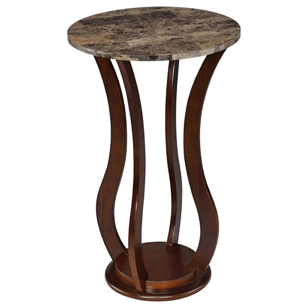 English Elm Brown Sculptural Pedestal Accent Table with Faux Marble Top for Living Spaces B2777P535925