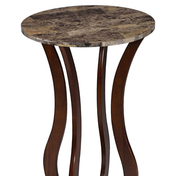 English Elm Brown Sculptural Pedestal Accent Table with Faux Marble Top for Living Spaces B2777P535925