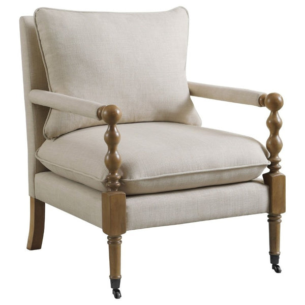 English Elm Beige Upholstered Accent Chair Dark Oak Frame Turned Legs Casters Living Room B2777P535931