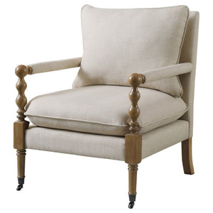 English Elm Beige Upholstered Accent Chair Dark Oak Frame Turned Legs Casters Living Room B2777P535931