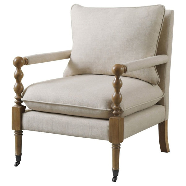 English Elm Beige Upholstered Accent Chair Dark Oak Frame Turned Legs Casters Living Room B2777P535931