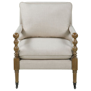 English Elm Beige Upholstered Accent Chair Dark Oak Frame Turned Legs Casters Living Room B2777P535931