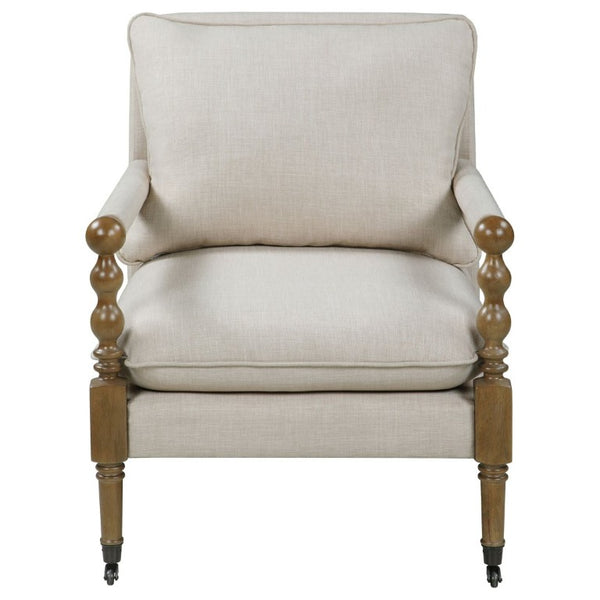 English Elm Beige Upholstered Accent Chair Dark Oak Frame Turned Legs Casters Living Room B2777P535931