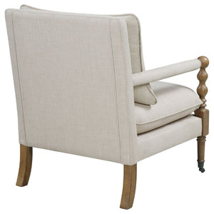 English Elm Beige Upholstered Accent Chair Dark Oak Frame Turned Legs Casters Living Room B2777P535931