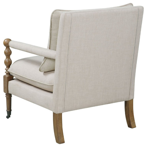 English Elm Beige Upholstered Accent Chair Dark Oak Frame Turned Legs Casters Living Room B2777P535931