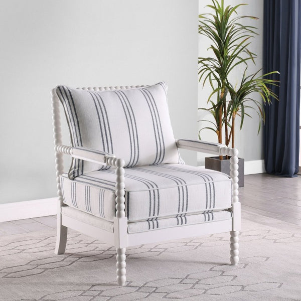 English Elm White Spindle Frame Coastal Accent Chair with Navy Awning Stripe Linen Upholstery White B2777P535932