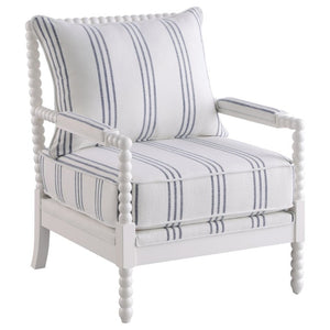 English Elm White Spindle Frame Coastal Accent Chair with Navy Awning Stripe Linen Upholstery White B2777P535932