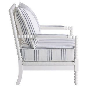 English Elm White Spindle Frame Coastal Accent Chair with Navy Awning Stripe Linen Upholstery White B2777P535932