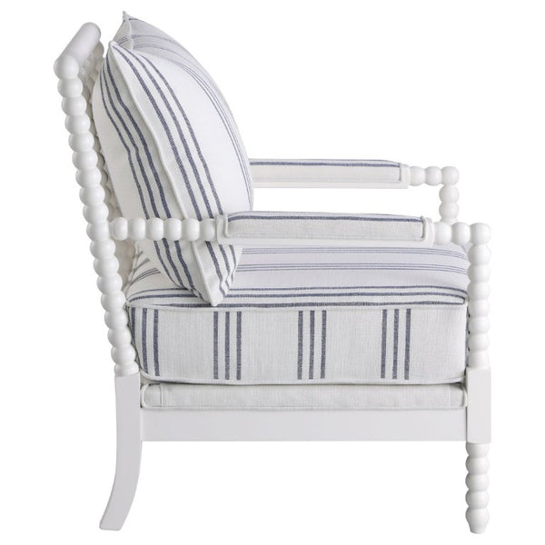 English Elm White Spindle Frame Coastal Accent Chair with Navy Awning Stripe Linen Upholstery White B2777P535932