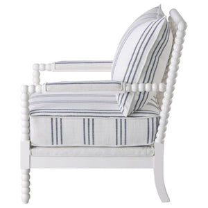 English Elm White Spindle Frame Coastal Accent Chair with Navy Awning Stripe Linen Upholstery White B2777P535932