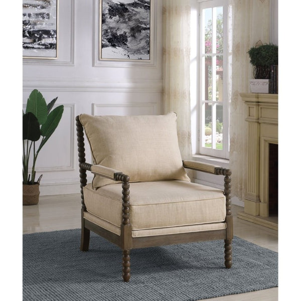 English Elm White Spindle Frame Coastal Accent Chair with Navy Awning Stripe Linen Upholstery Beige B2777P535933