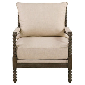 English Elm White Spindle Frame Coastal Accent Chair with Navy Awning Stripe Linen Upholstery Beige B2777P535933