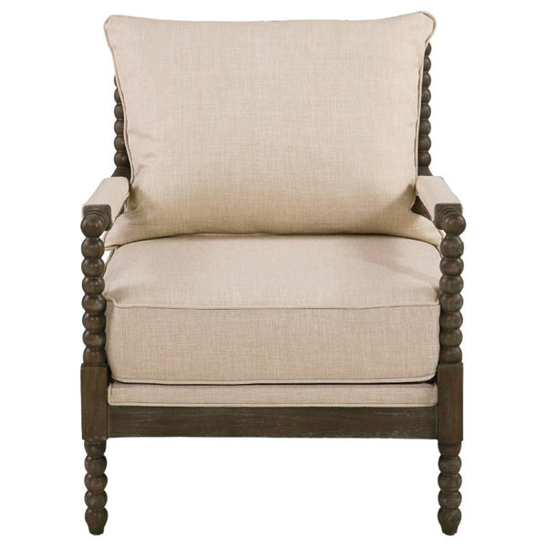 English Elm White Spindle Frame Coastal Accent Chair with Navy Awning Stripe Linen Upholstery Beige B2777P535933