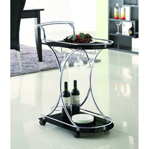 English Elm Allen Two Tier Glass Shelf Rolling Bar Cart in Matte Chrome Metal for Modern Spaces Black B2777P535935