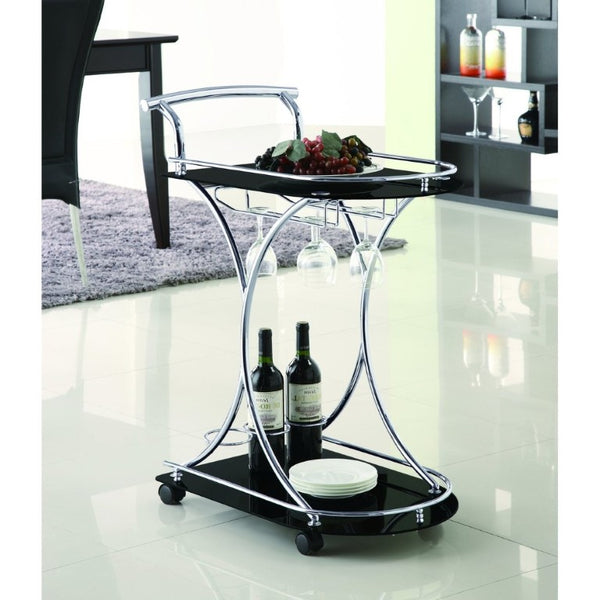 English Elm Allen Two Tier Glass Shelf Rolling Bar Cart in Matte Chrome Metal for Modern Spaces Black B2777P535935