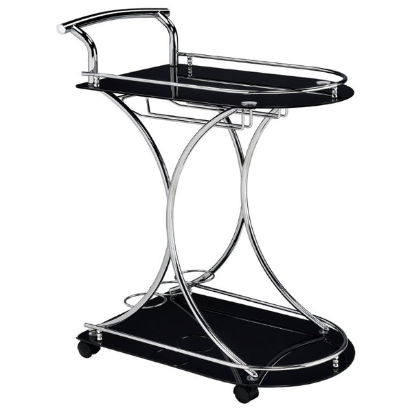 English Elm Allen Two Tier Glass Shelf Rolling Bar Cart in Matte Chrome Metal for Modern Spaces Black B2777P535935