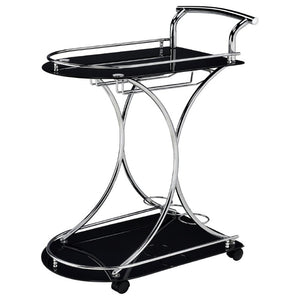English Elm Allen Two Tier Glass Shelf Rolling Bar Cart in Matte Chrome Metal for Modern Spaces Black B2777P535935
