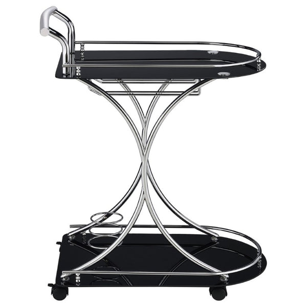 English Elm Allen Two Tier Glass Shelf Rolling Bar Cart in Matte Chrome Metal for Modern Spaces Black B2777P535935