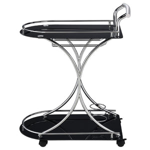 English Elm Allen Two Tier Glass Shelf Rolling Bar Cart in Matte Chrome Metal for Modern Spaces Black B2777P535935