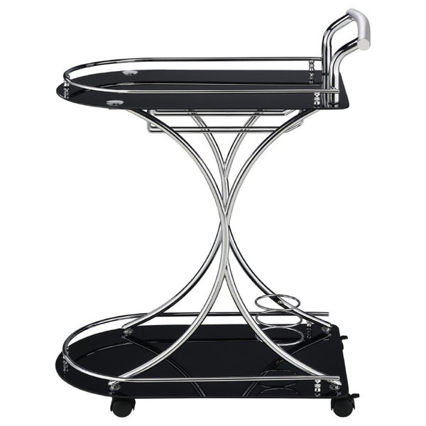 English Elm Allen Two Tier Glass Shelf Rolling Bar Cart in Matte Chrome Metal for Modern Spaces Black B2777P535935