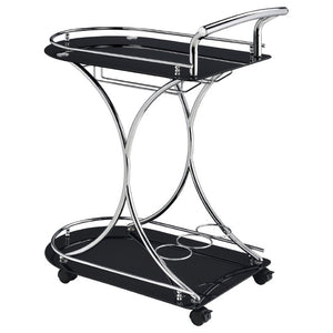 English Elm Allen Two Tier Glass Shelf Rolling Bar Cart in Matte Chrome Metal for Modern Spaces Black B2777P535935