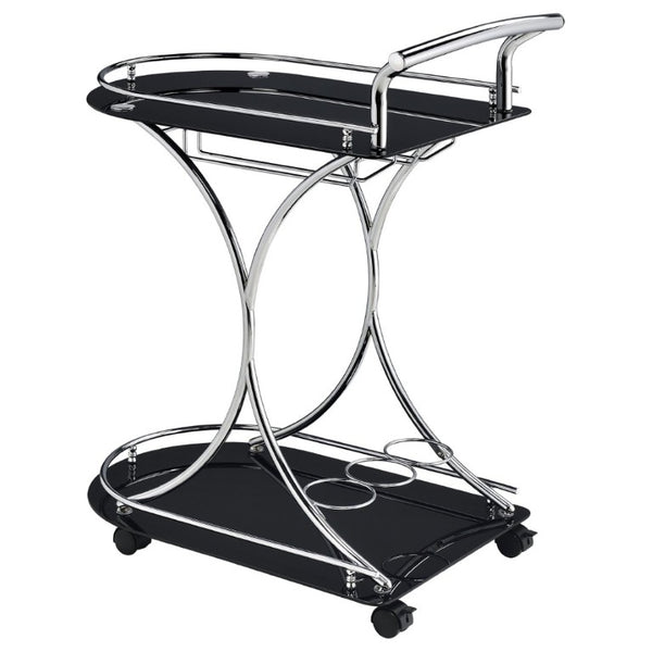 English Elm Allen Two Tier Glass Shelf Rolling Bar Cart in Matte Chrome Metal for Modern Spaces Black B2777P535935