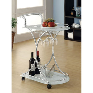 English Elm Allen Two Tier Glass Shelf Rolling Bar Cart in Matte Chrome Metal for Modern Spaces White B2777P535936