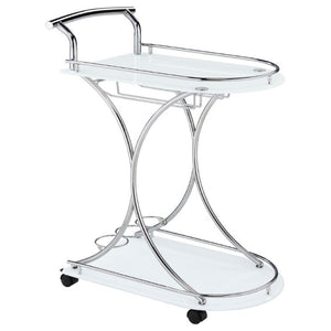 English Elm Allen Two Tier Glass Shelf Rolling Bar Cart in Matte Chrome Metal for Modern Spaces White B2777P535936