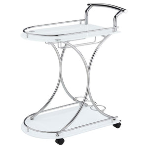English Elm Allen Two Tier Glass Shelf Rolling Bar Cart in Matte Chrome Metal for Modern Spaces White B2777P535936
