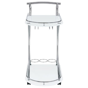 English Elm Allen Two Tier Glass Shelf Rolling Bar Cart in Matte Chrome Metal for Modern Spaces White B2777P535936