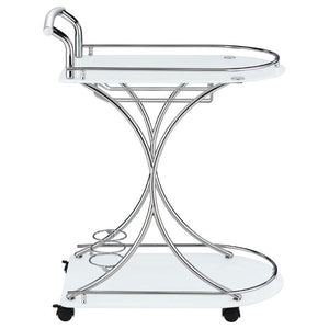 English Elm Allen Two Tier Glass Shelf Rolling Bar Cart in Matte Chrome Metal for Modern Spaces White B2777P535936